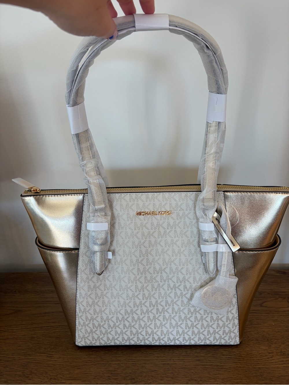 Michael Kors White and Gold Signature MK Tote